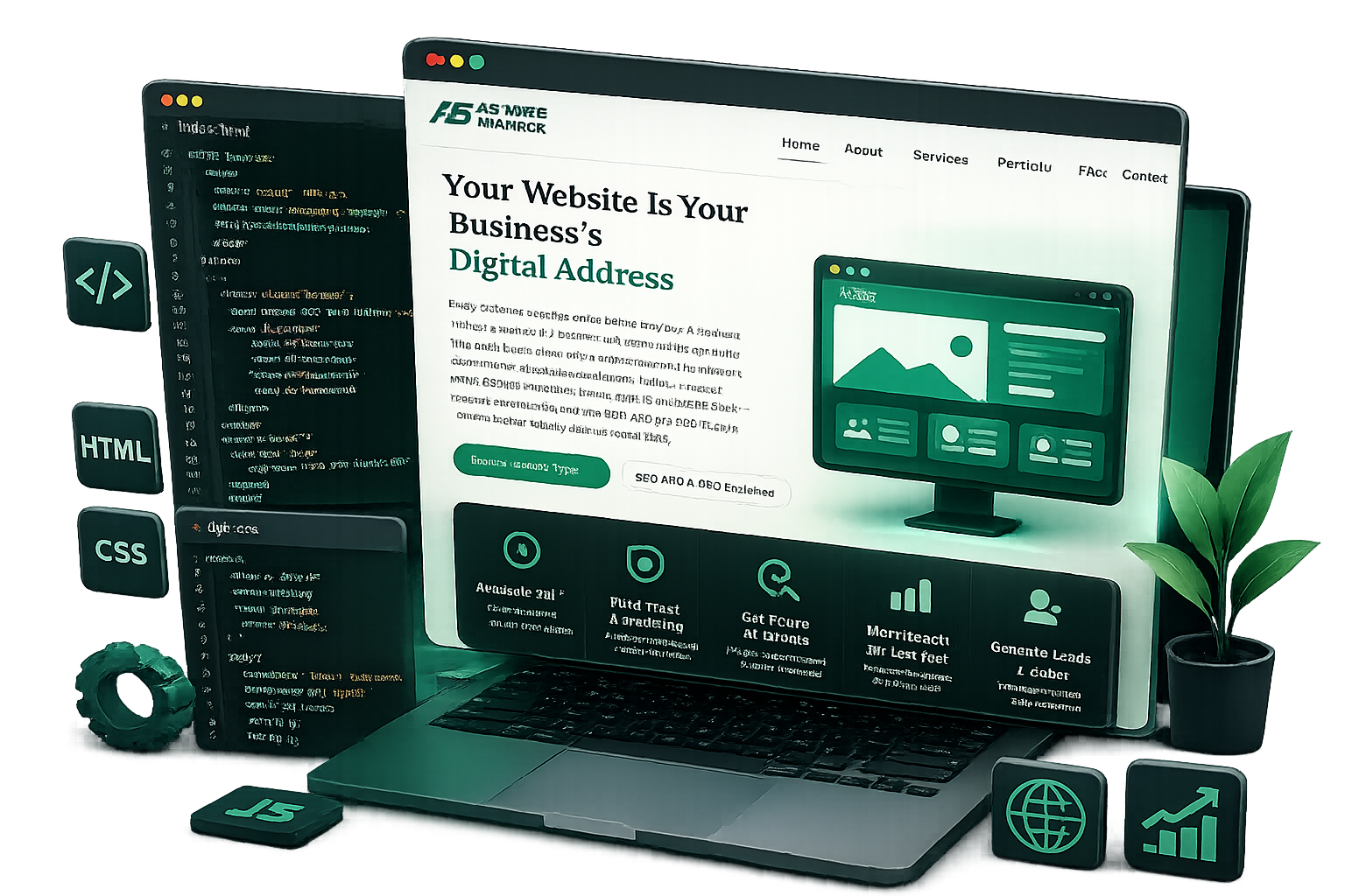 3D web development illustration showing a modern website interface with HTML, CSS, JavaScript code panels, UI components, and development icons in green and black colors.