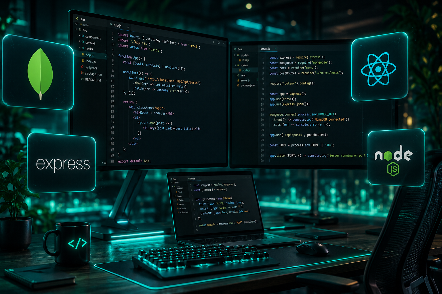 MERN Stack technology diagram - MongoDB Express React Node